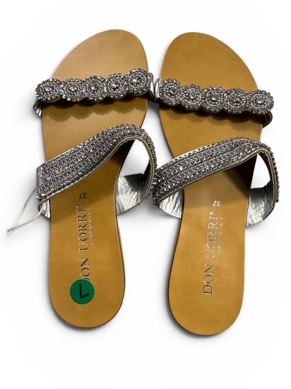 New Don Uorri Size 37/7 Italian Leather Silver Beaded Women's Slide Sandals